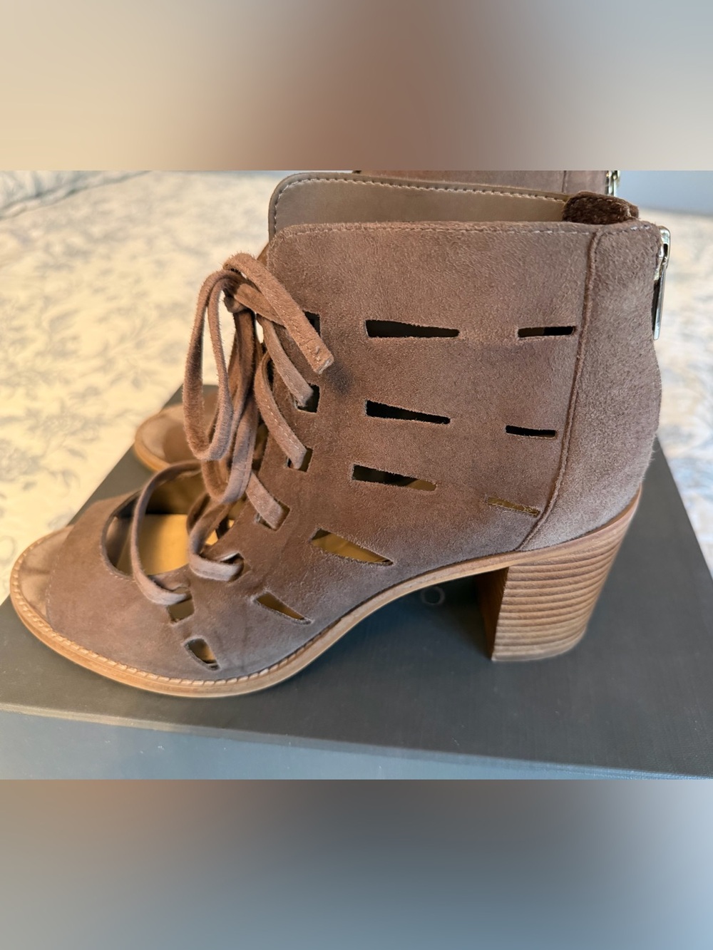 Title: Vince Camuto Tressa Suede Lace-Up Open Toe Booties – Taupe – Size 8
